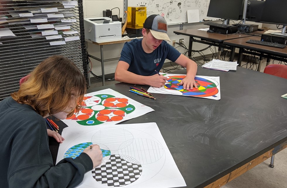 Two students drawing in art class