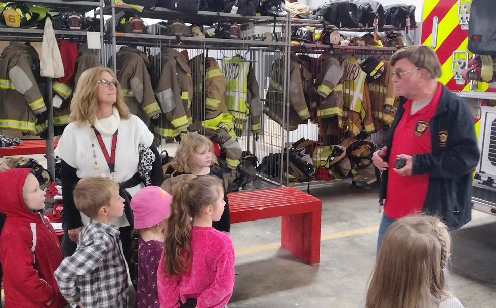 Kindergarten students learning about fire safety at the Newark Valley Fire Department