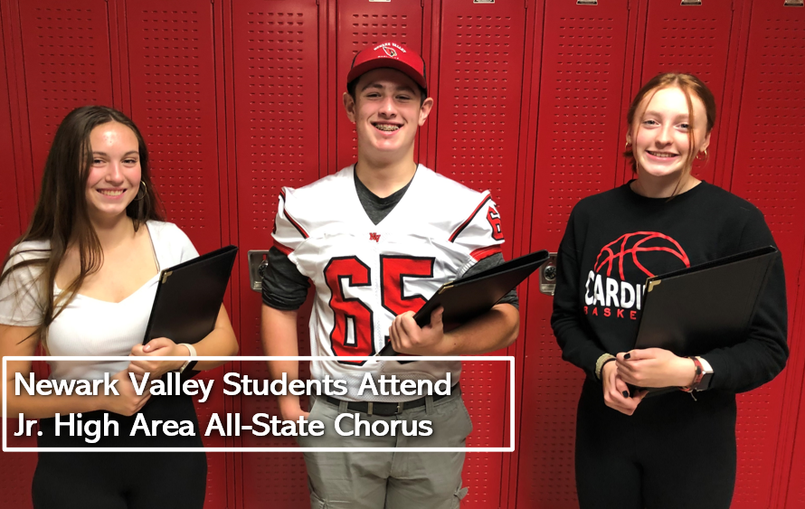 Three students smiling holding music books after attending the Jr. High Area All-State Chorus