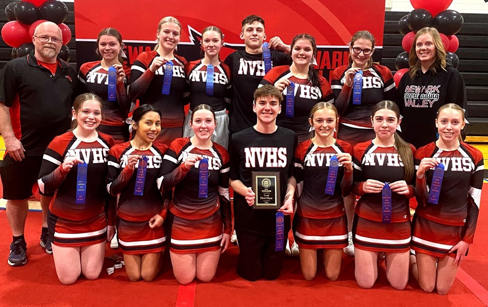 Newark Valley Cheerleading Team Smiling with Award Ribbons